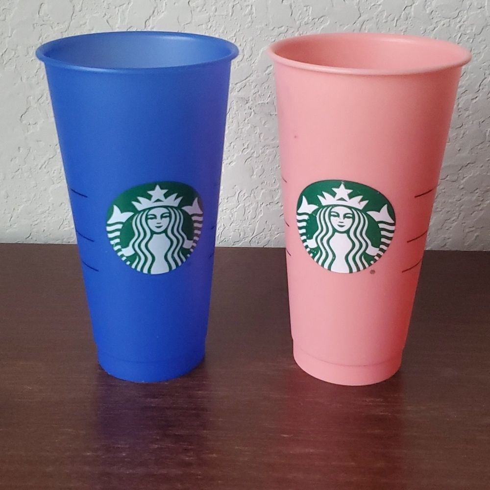 Set of 2 Starbucks Reusable Plastic Venti Cups Frosted Pink Blue 24oz Cold Drink - Picture 1 of 7